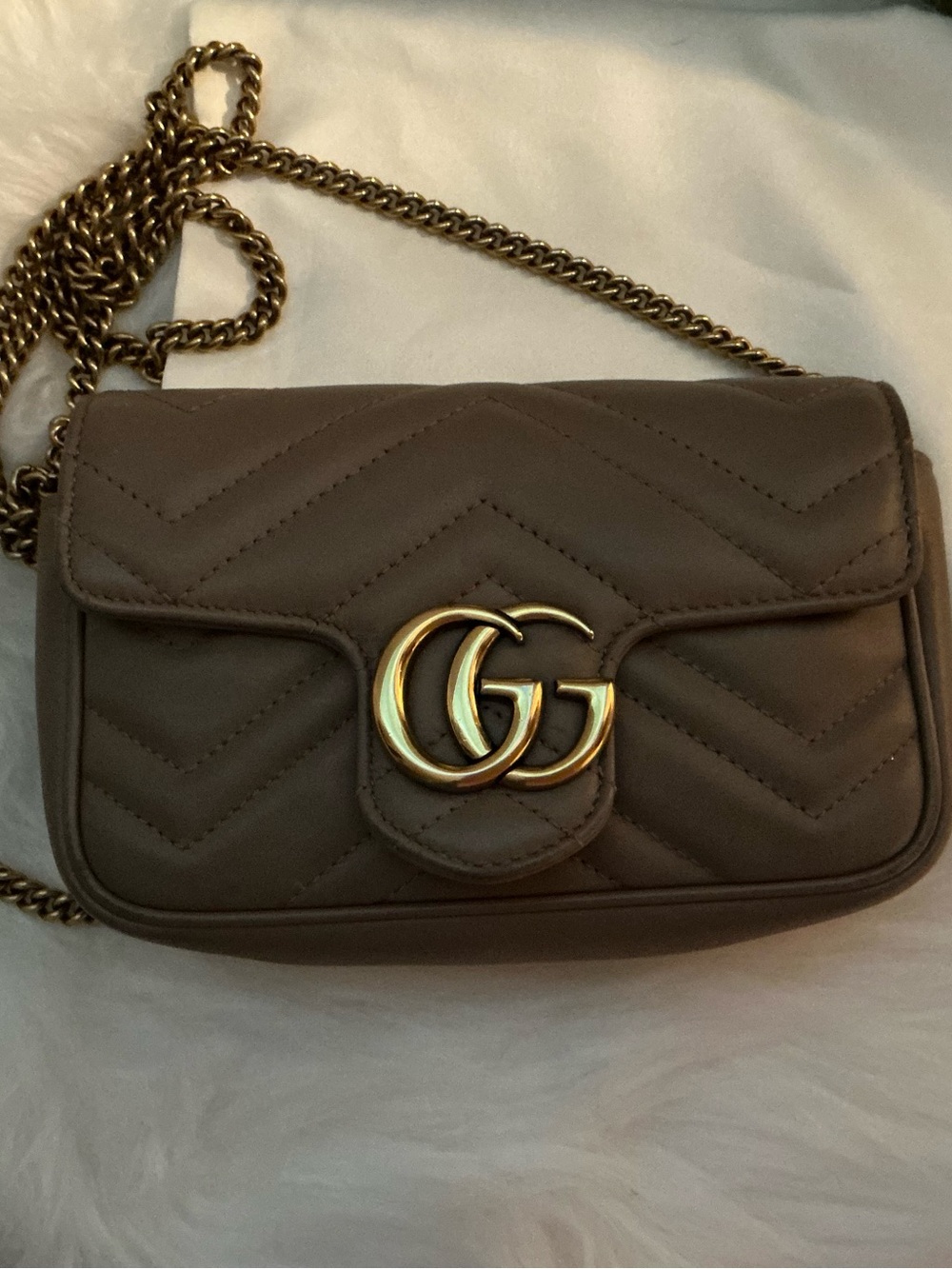 Gucci Small Marmont Chevron Crossbody Bag in Taupe with Gold Hardware